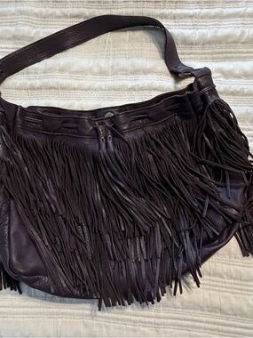 Fringed Leather Shoulder Bag in Deep Plum